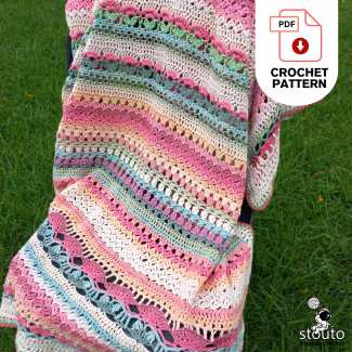 Crochet blanket pattern materials list, yarn requirements, hook size, and blanket information.