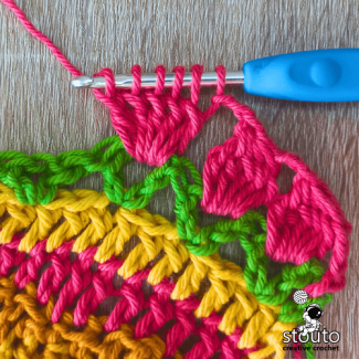 Work 5dc into chain space, to create the popcorn for the crochet tulip stitch