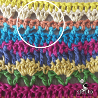 Stitch sampler blanket skip 2,3dc in next stitch,example