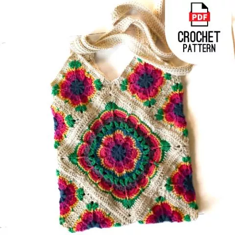 Detailed crochet granny square with beautiful delicate flower in tote bag