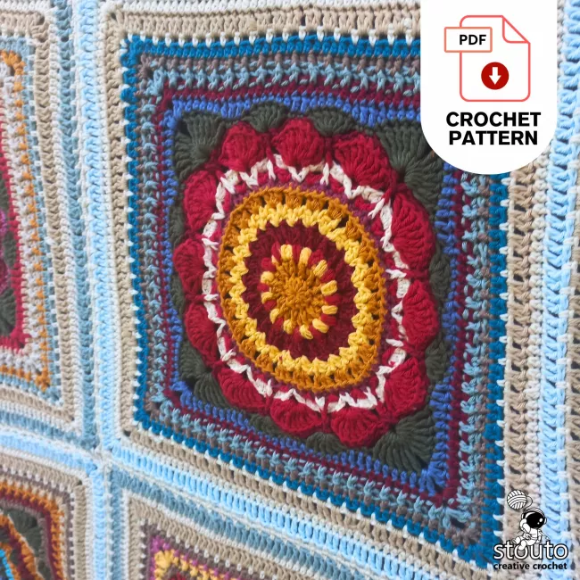 Close up of bold petal circle flower granny square texture