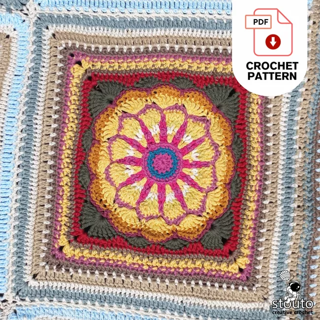 Textured daisy flower granny square crochet close up