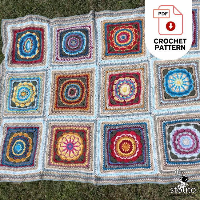 Handmade modern granny square blanket pattern with floral squares