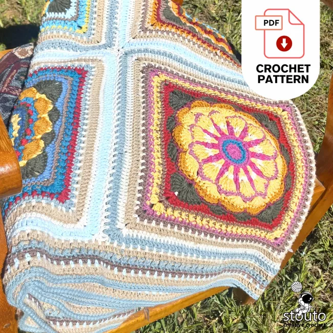 Close up of flower granny square crochet motif texture and stitches