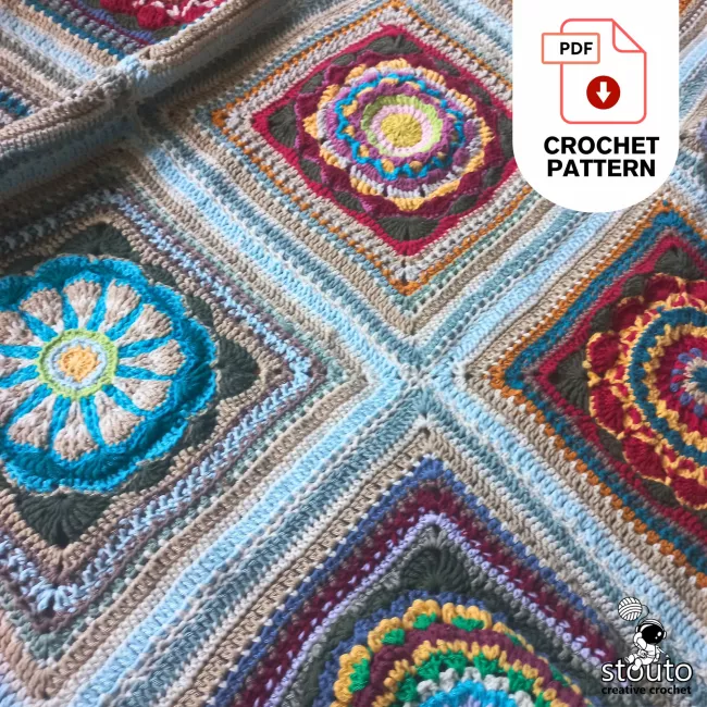 Detailed view of heirloom flower granny square blanket