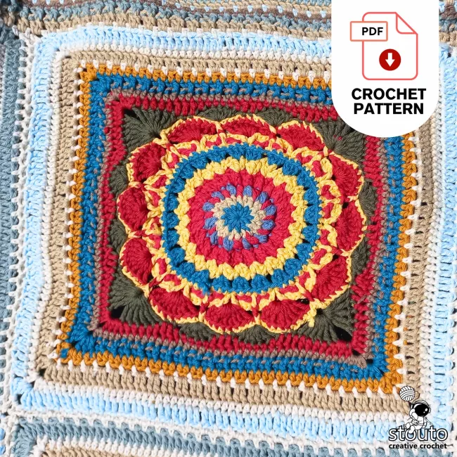 Close up of flower granny square crochet motif texture and stitches