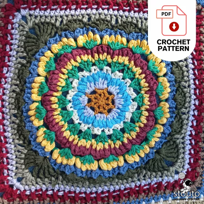Textured daisy flower granny square crochet close up