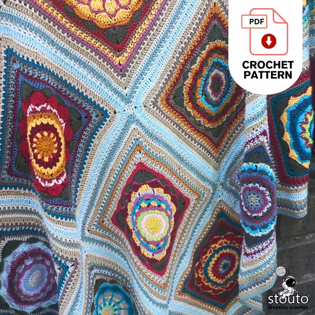 Modern heirloom flower granny square blanket crochet pattern finished blanket