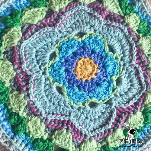 Close-up of layered petals on Bold Buttercup crochet square