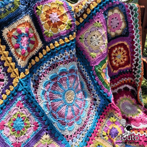Close up of textured African flower crochet blanket stitches
