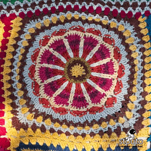 Crochet flower blanket square structural stitch detail with textured petals