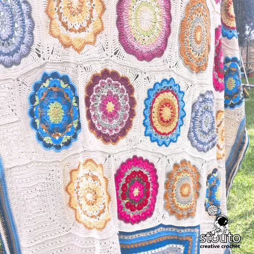 Crochet granny square blanket layout showing flower pot square arrangement.