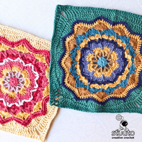 Finished Star Flower Granny Square crochet pattern in a 9 inch floral block