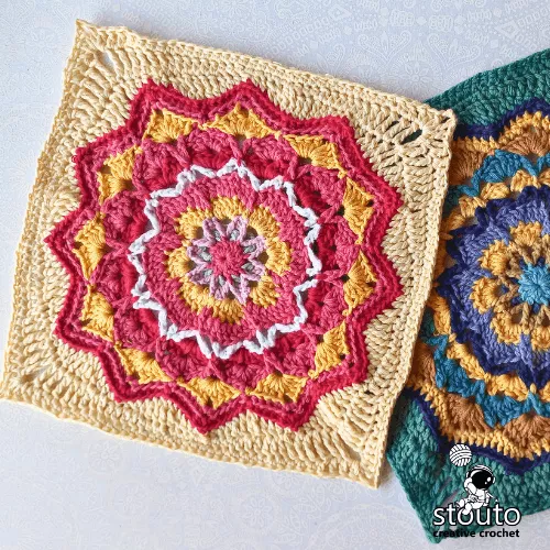 Star Flower Granny Square crochet motif displayed flat for tutorial and pattern reference