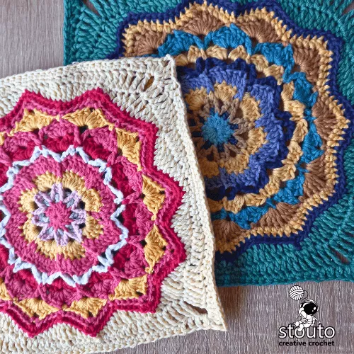 Finished Star Flower Granny Square crochet pattern in a 9 inch floral block