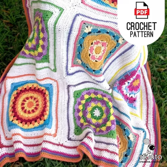 Close-up of the Boxed Flower crochet granny square showing textured stitches
