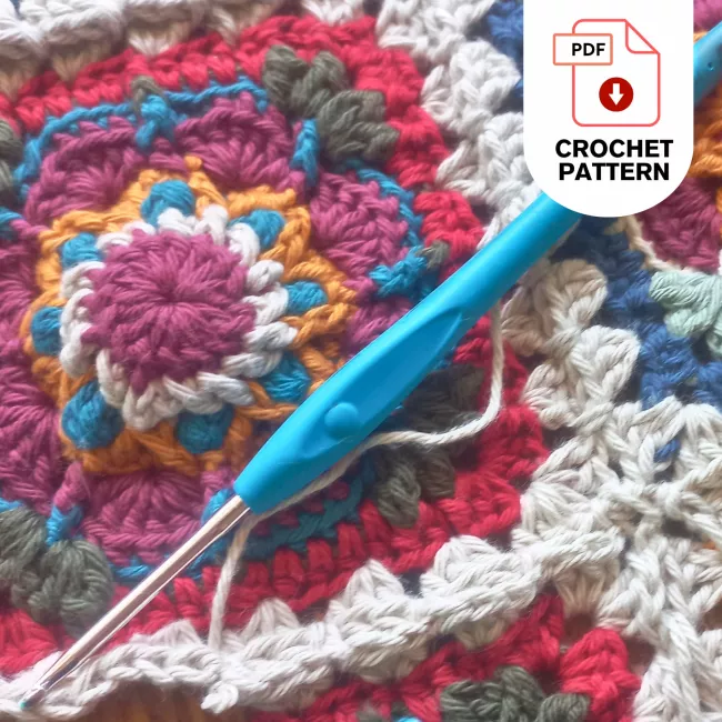 African Cosmos crochet flower square layout for blanket arrangement