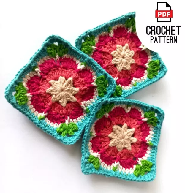 Small granny square pattern with colorful African Daisy center.