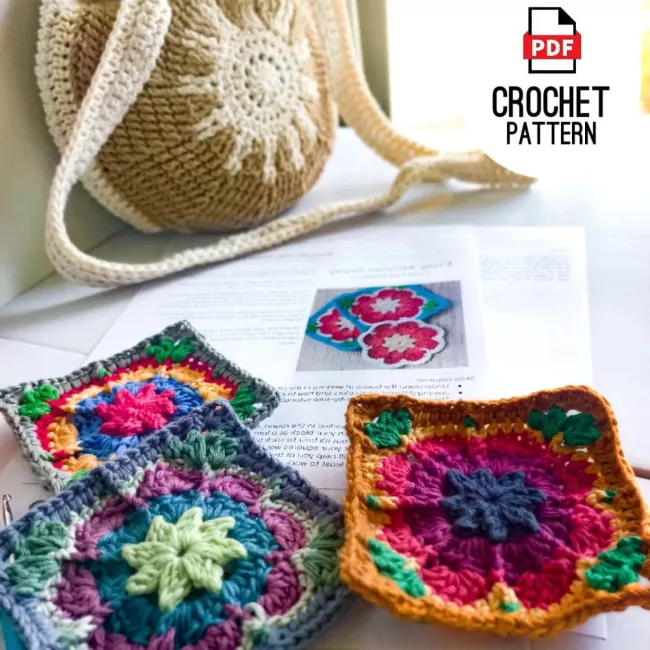 Decorative floral crochet square inspired by African daisy flowers.