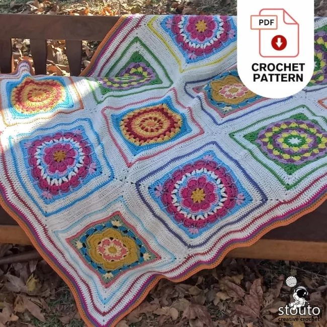 Textured large granny square crochet pattern with layered flower centre