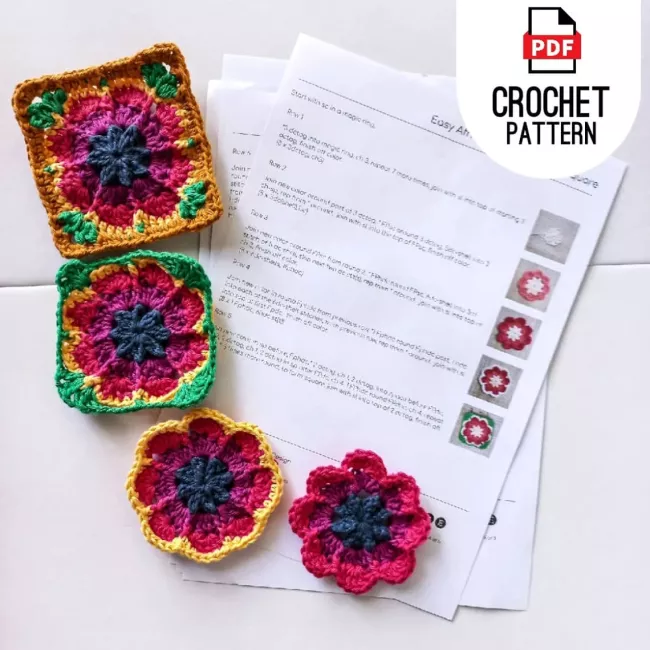 African Daisy crochet block featuring textured flower petals.