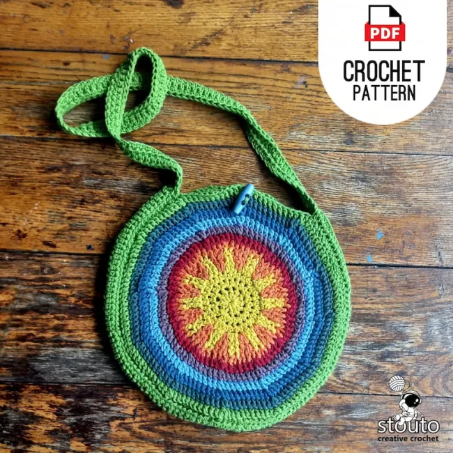 Modern Sunshine Rainbow Round Crochet Bag handmade with DK cotton yarn