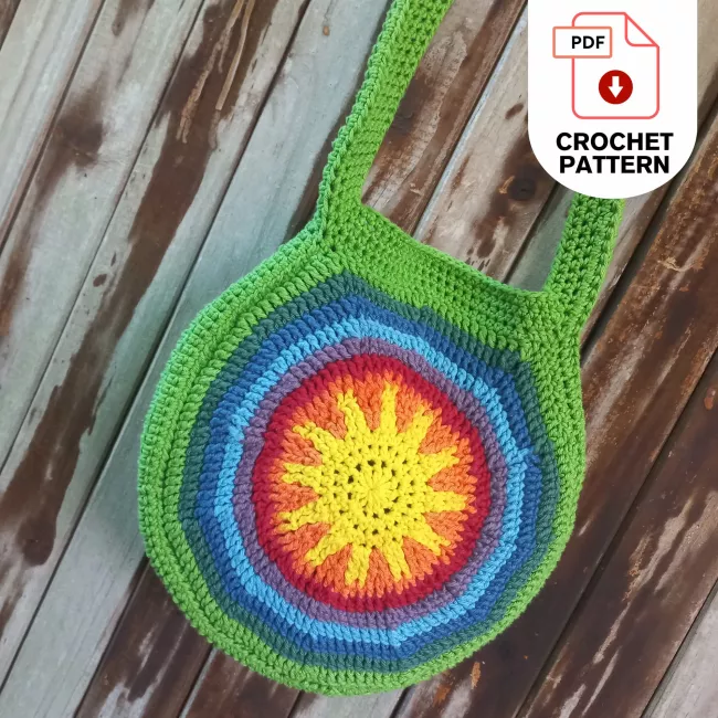 Close-up of textured Sunshine Rainbow crochet tote bag stitches