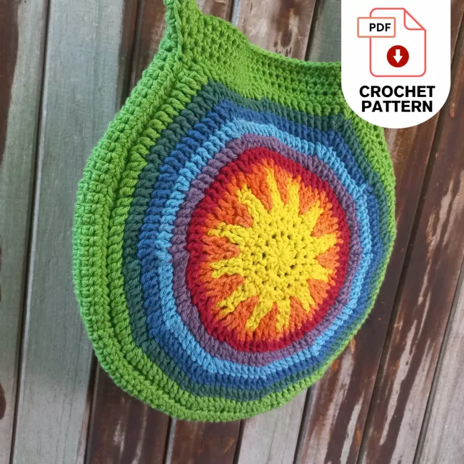 Sunshine Rainbow Round Crochet Tote Bag laid flat showing front and strap construction 