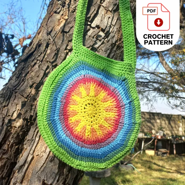 Handmade Sunshine Rainbow crochet tote bag with adjustable shoulder strap