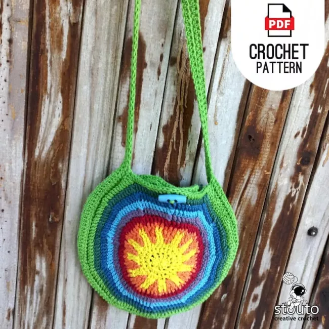 Sunshine Rainbow Round Crochet Bag Pattern with colourful textured sun motif