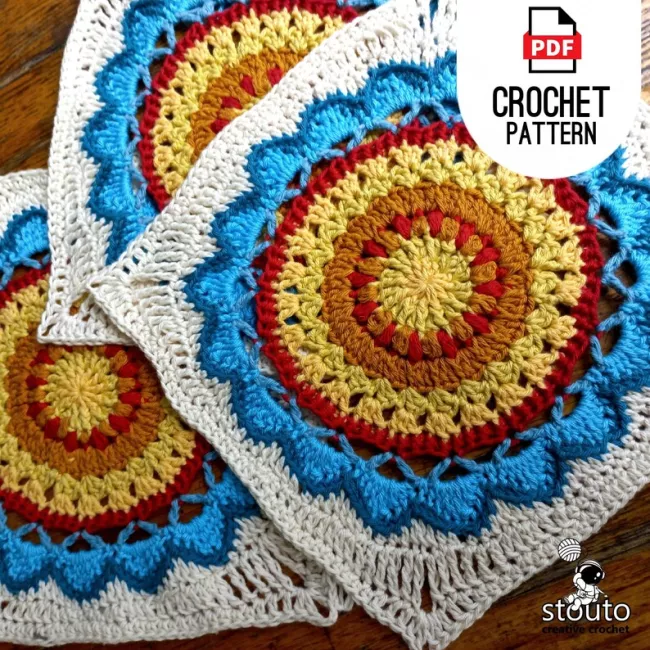 Modern crochet flower granny square pattern inspired by mountain wildflowers with a textured floral centre