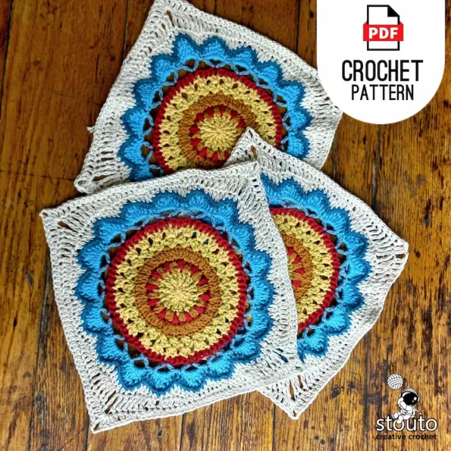 New Age Daisy crochet modern flower square pattern featuring a textured floral granny square for blankets and home décor