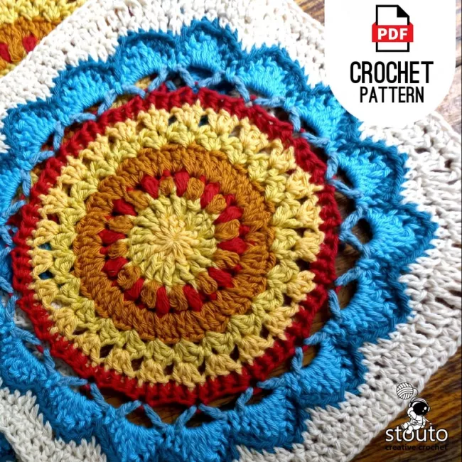 Easy crochet modern flower square measuring 9 inches with raised floral texture and decorative square border