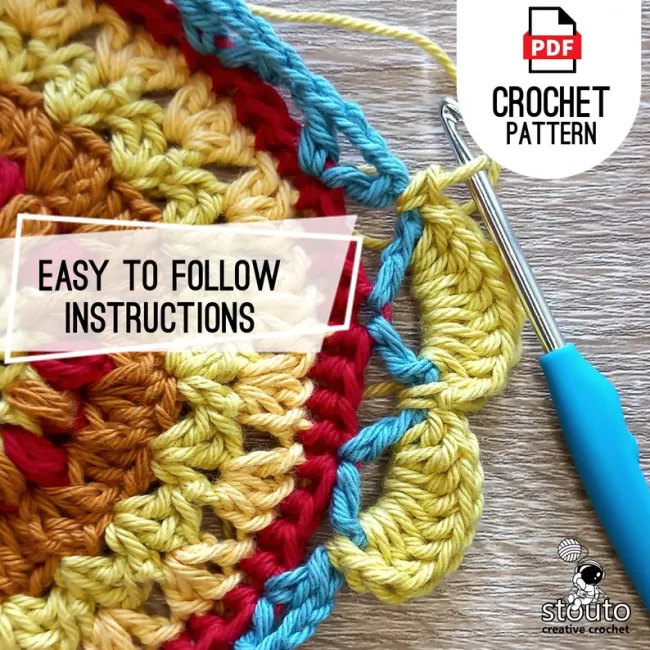 Textured New Age Daisy crochet flower granny square showing detailed petal stitches and modern floral design