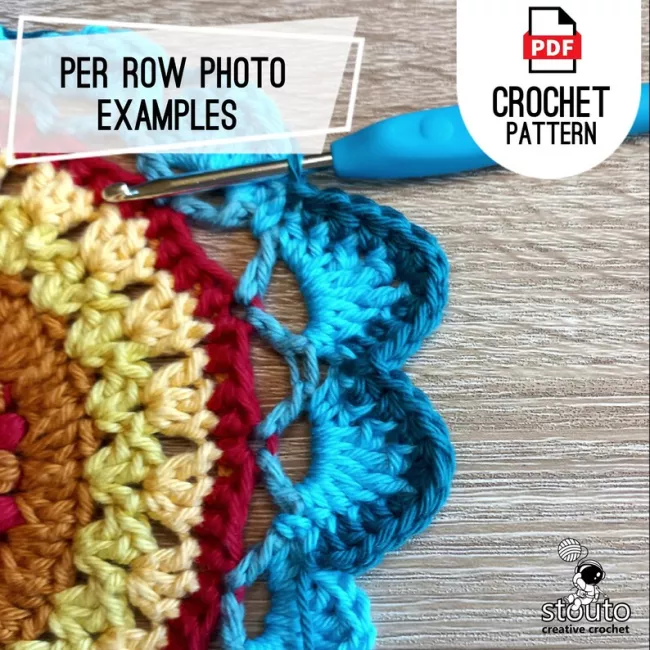 Printable crochet modern flower square blanket pattern PDF including yarn requirements, stitch charts and blanket border instructions