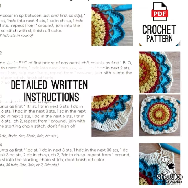 Printable crochet modern flower square PDF pattern showing stitch diagrams, yarn requirements and blanket assembly instructions