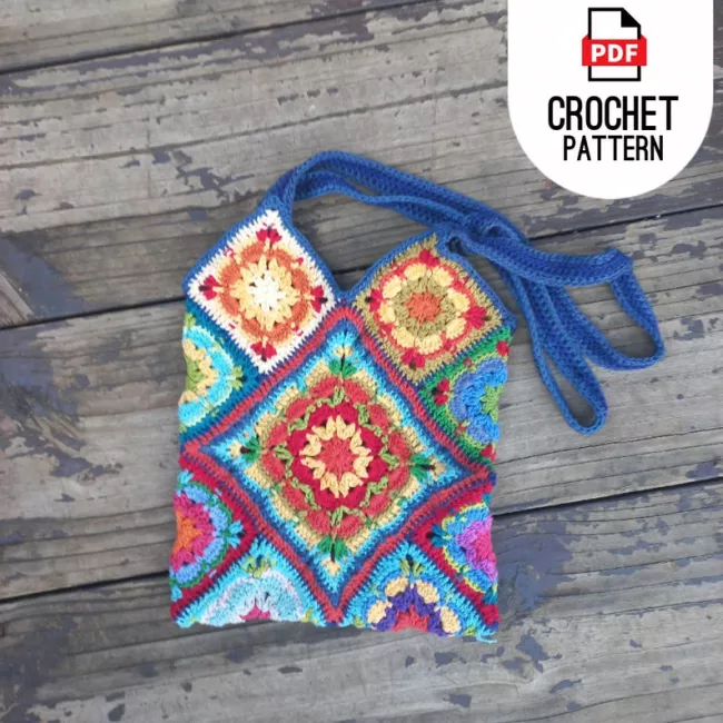 Flower crochet tote bag free pattern made with granny flower squares