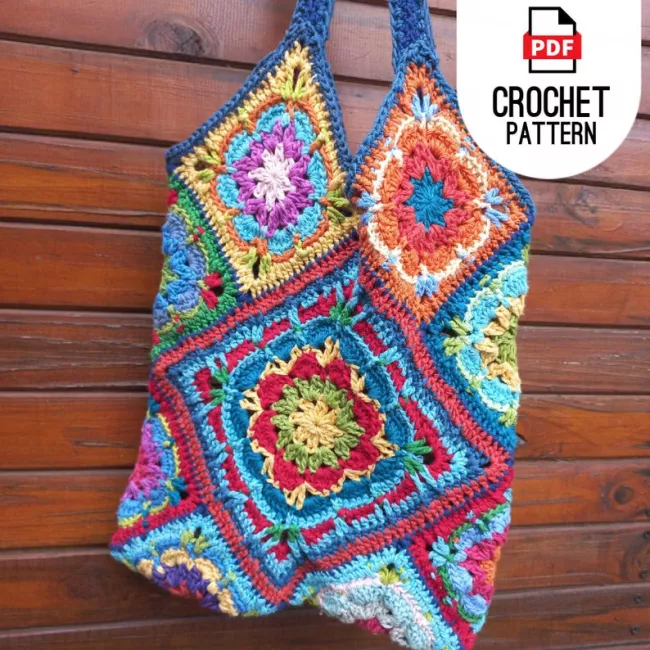 Granny flower crochet tote bag with textured floral squares
