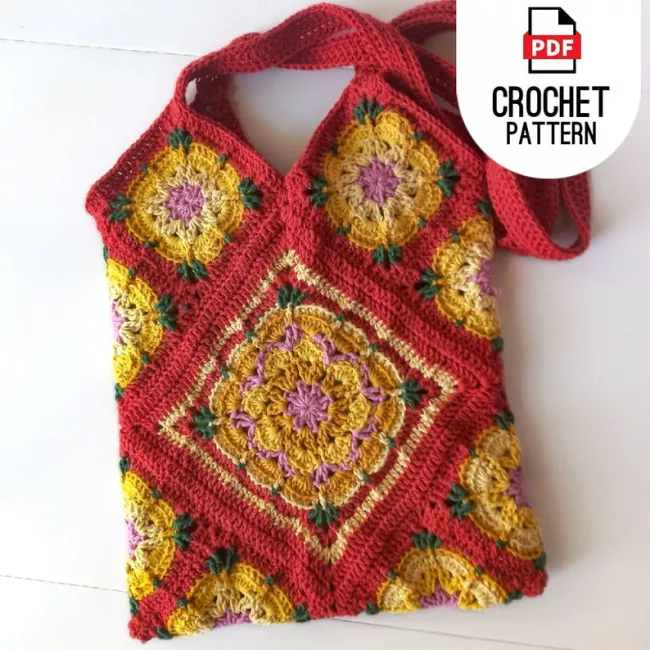 Large flower granny square for crochet tote bag pattern