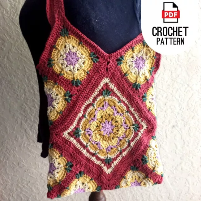 Close-up of textured crochet flower granny square stitches