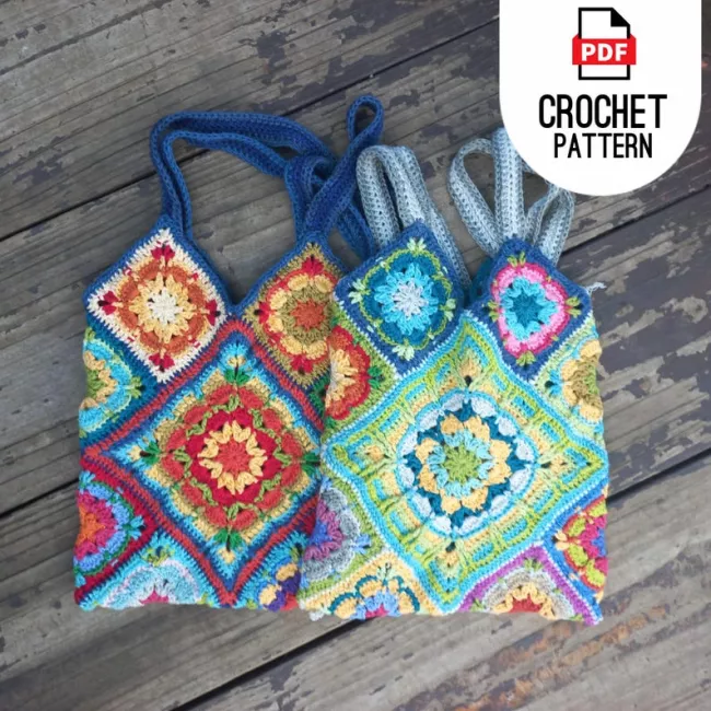 Joining crochet flower granny squares to assemble a tote bag