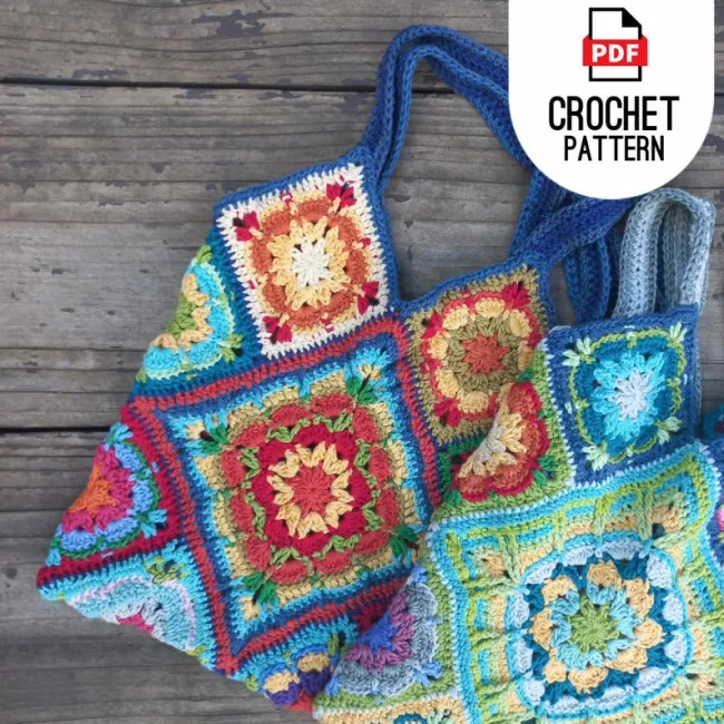 Finished flower crochet tote bag with sturdy shoulder straps