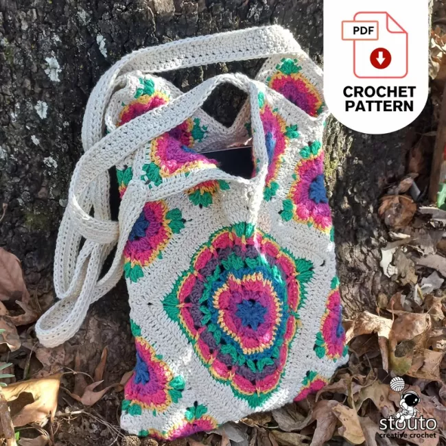 Crazy Daisy Squares crochet tote bag pattern made with colorful flower granny squares