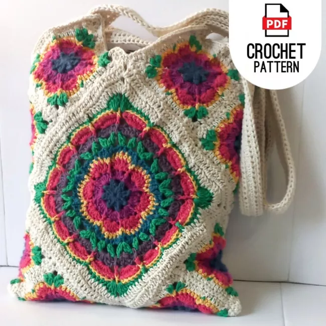Large crochet tote bag made from colorful Crazy Daisy flower granny squares