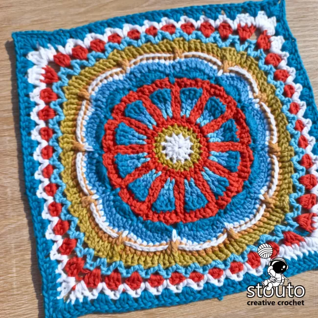 Finished TMBJGF Flower Granny Square crochet motif by Stouto Creative Crochet.