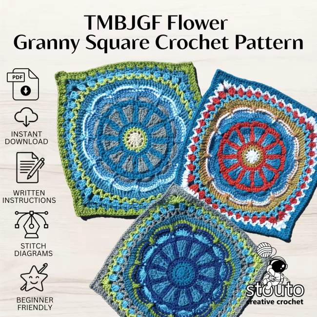Detailed view of the TMBJGF Flower Granny Square highlighting textured crochet stitches and floral design.
