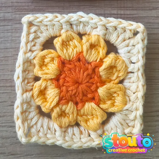 Close-up of the flower petals in a crochet granny square 
