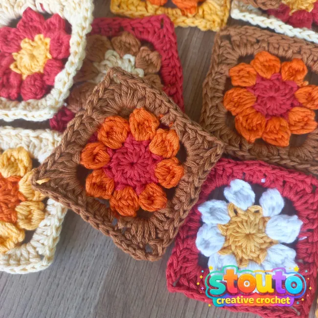 Step-by-step crochet flower granny square showing the flower becoming a square