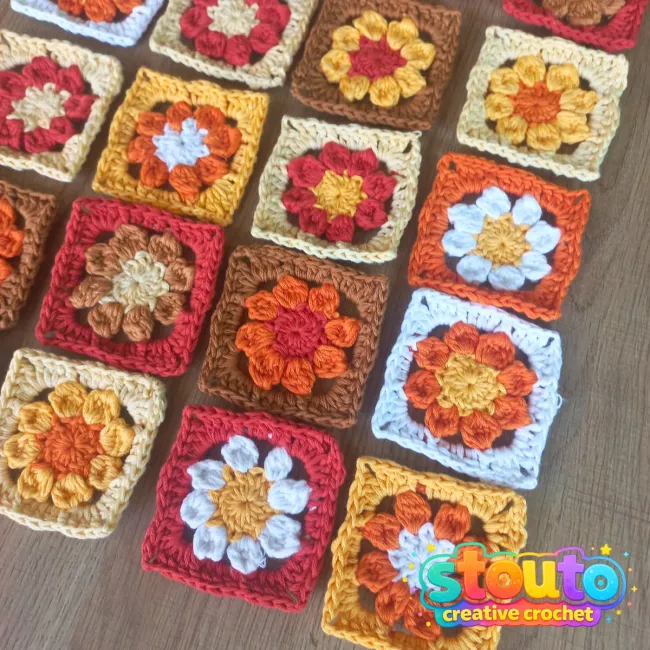 Small crochet flower square with textured flower centre
