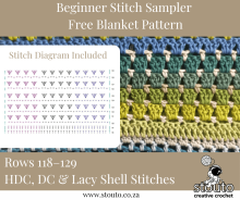 Rows 118–129 – HDC, DC & Lacy Shell Stitches - - Free Stitch Sampler Blanket Pattern for Beginners